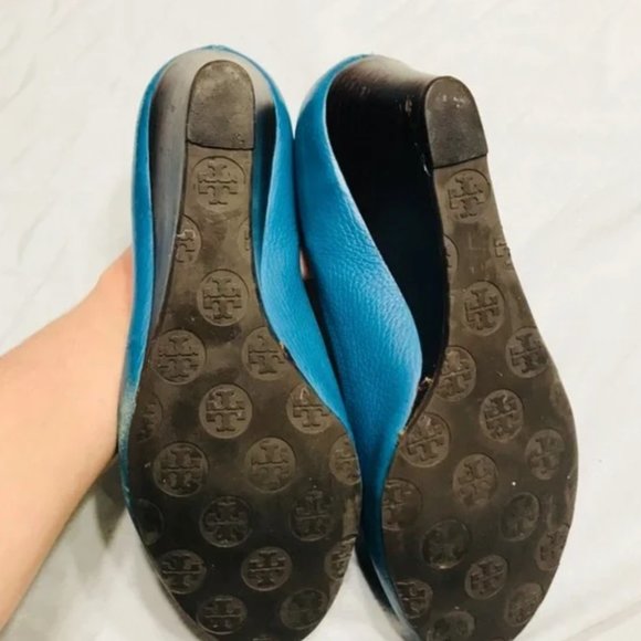 Tory Burch Sally Wedges Leather Miller Logo Teal SZ 10.5 - LIKE NEW! - Picture 4 of 9